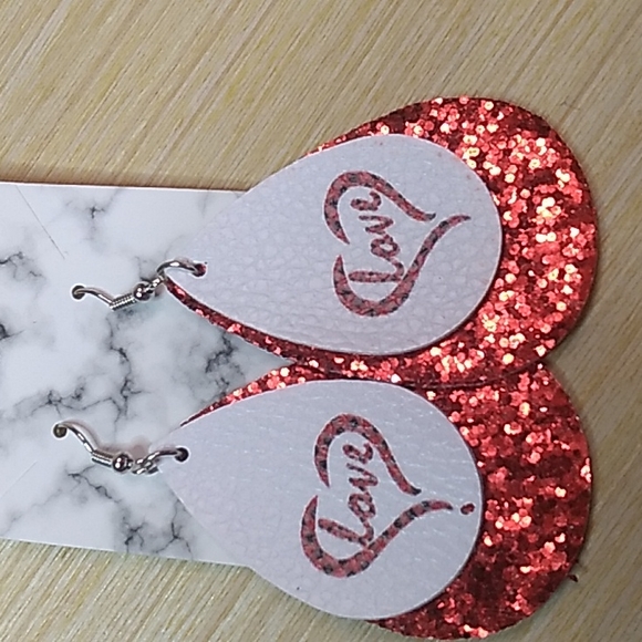 Valentine Faux Leather Double Stacked earrings 1.5 x 3 inches love w Red glitter - Picture 5 of 5